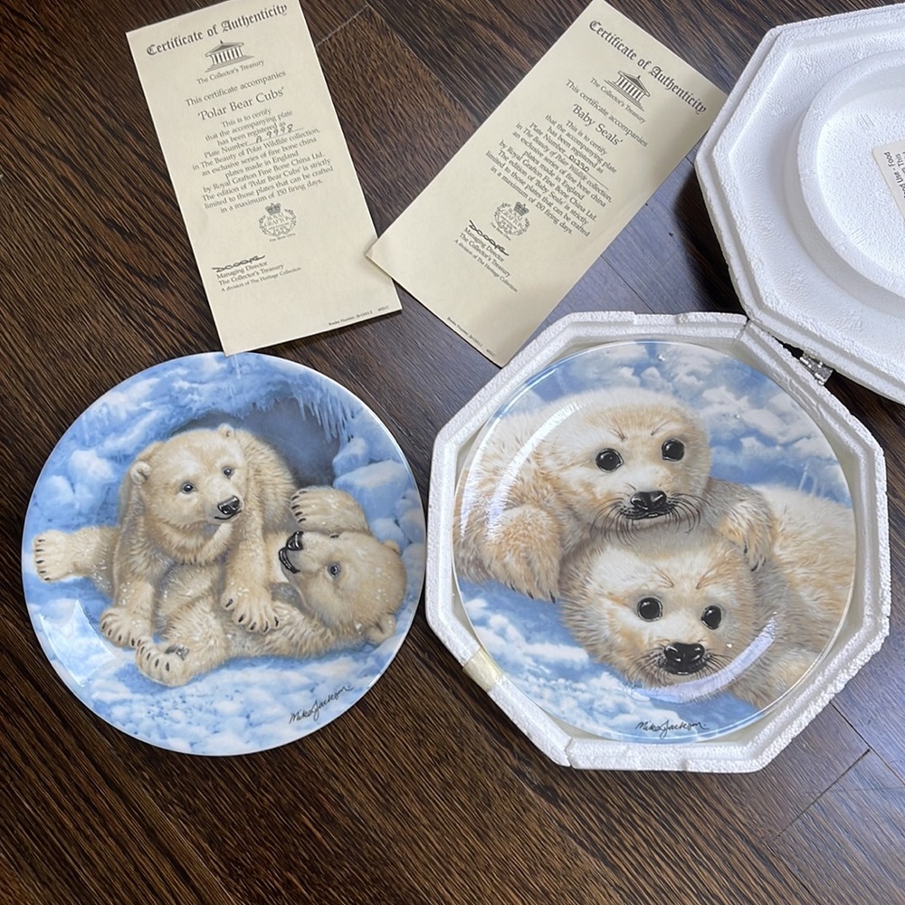 Baby Seals and baby polar bear cubs. numbered collectors plates so cute babies